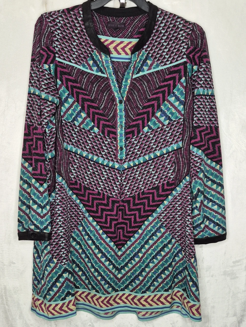 Hale Bob Geometric Chevron‎ V-Neck Shift Dress Purple Pink Teal Blue Large